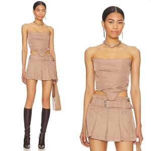 H:OURS Ariella Corset Top Khaki Brown Ruched Strapless Boned Bodice